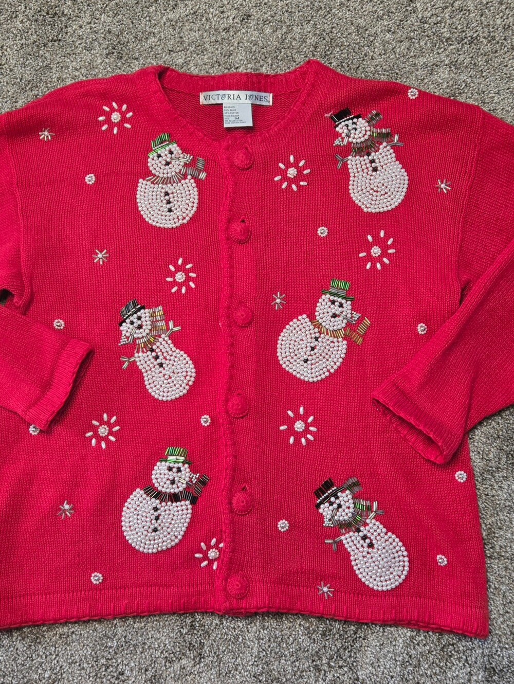 Victoria Jones Vntg Red Snowmen Crewneck Cardigan Sweater M